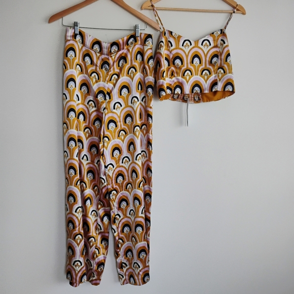 NWT House of Harlow 1960 Revolve Gold Purple Satin Floral Tank Wide Leg Pant Set - Picture 6 of 13